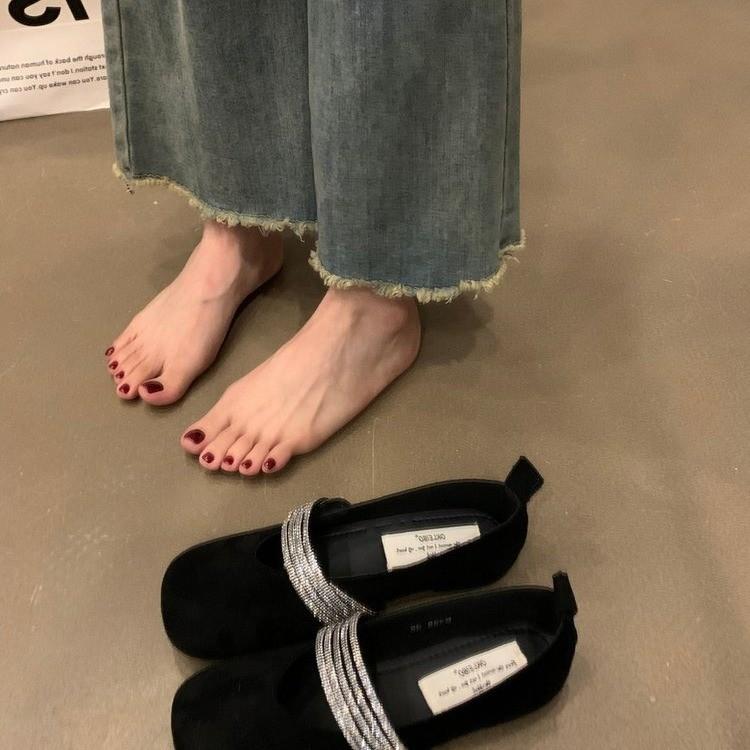 French gentle and versatile flat Mary Jane shoes 2025 new spring and autumn rhinestones with ballet style square head shallow mouth single shoes