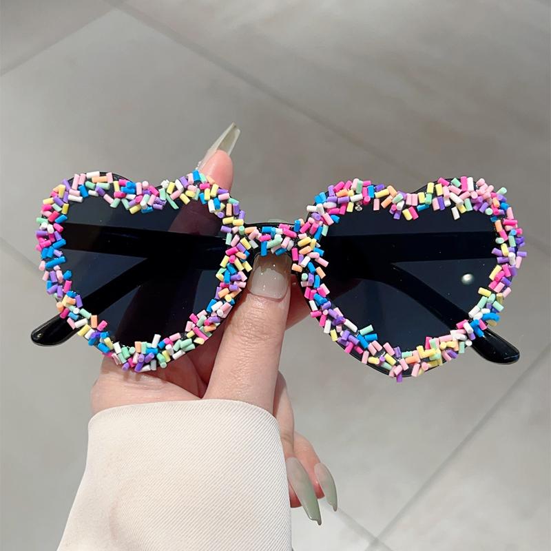 Heart Shape Sunglasses with Colorful Jimmies Women Stylish Cute Beach Sun Glasses Trendy Original Vacation Casual Shades
