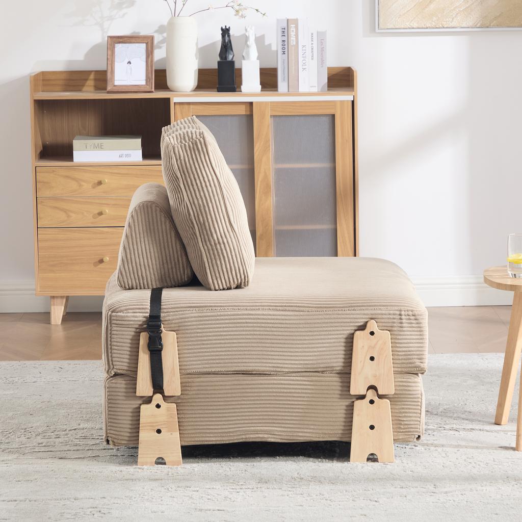 A Comfortable Armchair Made of Corduroy – a Fold-out Sofa Bed with Wooden Legs, Ideal for Small Apartments and Bedrooms (Khaki-colored Corduroy)