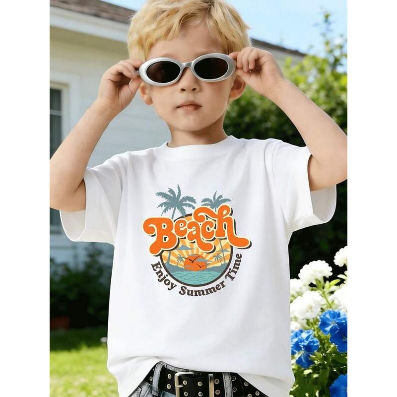 Boys Crew Neck Short Sleeve T-Shirt with Sunset, Palm Tree and Letter Print 110