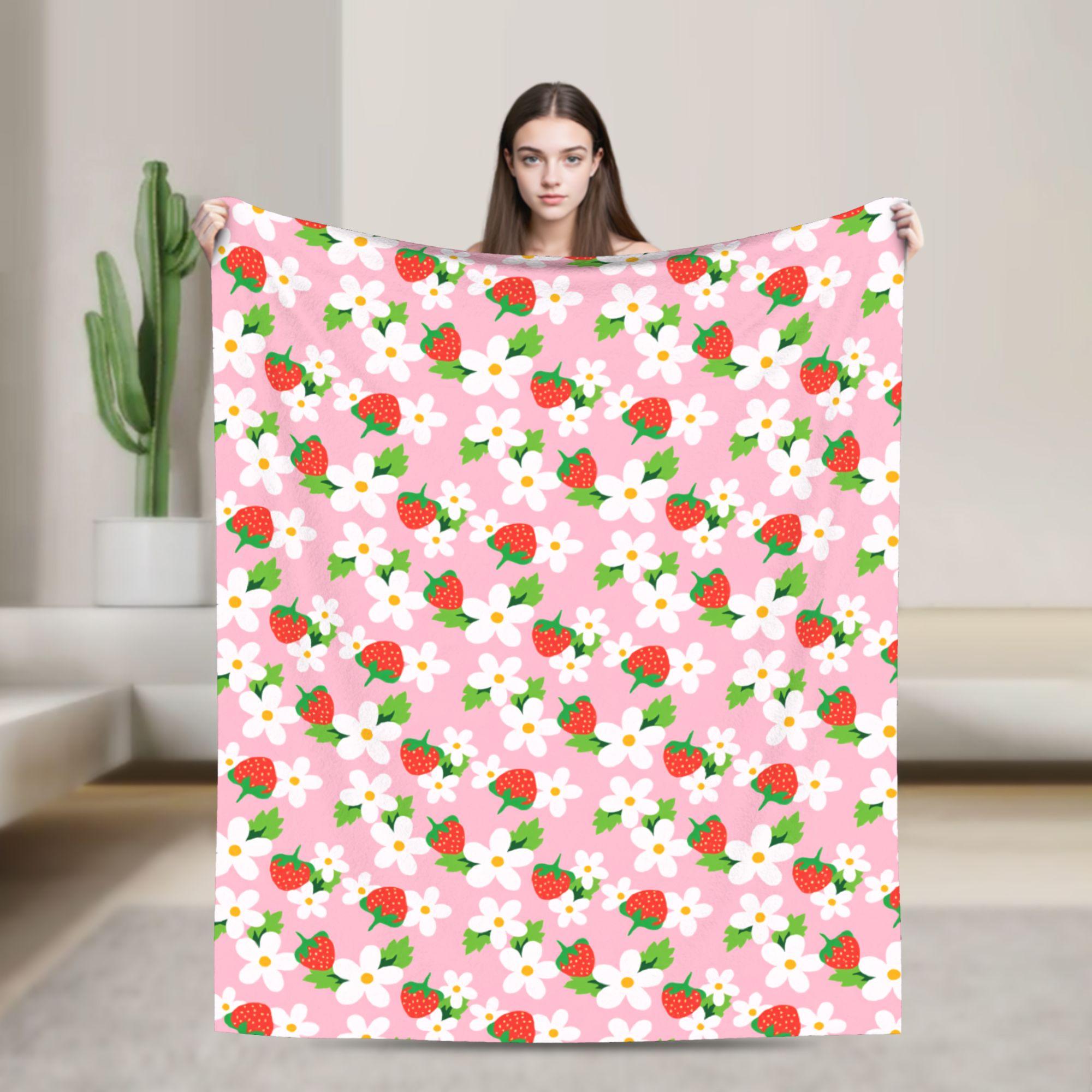 

Pink Strawberry Print Flannel Blanket Warm Soft Throw Blanket for Outdoor Travel Office Print Bedspread Sofa Bed Cover 75x90cm