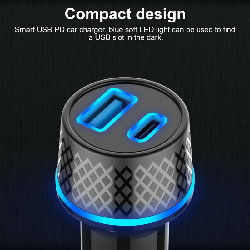 Qc3.0 Usb Car Charger Dual Channel Pd20w Ultra-fast Charging Adapter With Blue Soft Led Light For