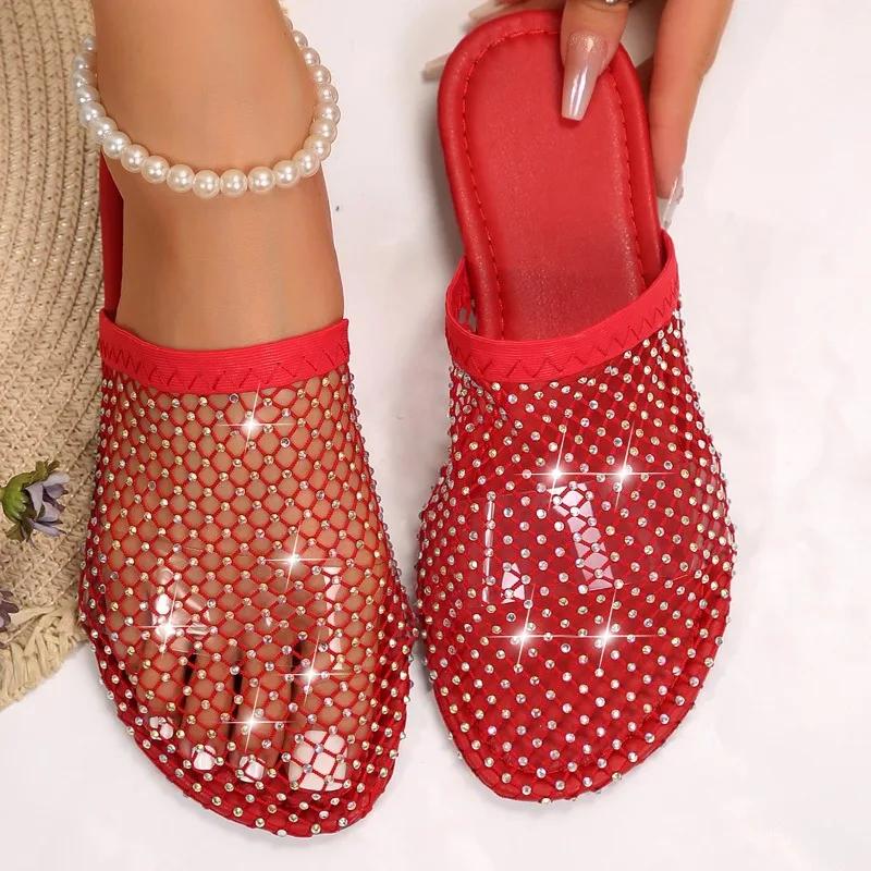 Fashion Women Slippers 2024 Women Summer New Water Diamond Flat Round Head Slippers Home Anti-skid Sandals Slides Women Zapatos De Mujer