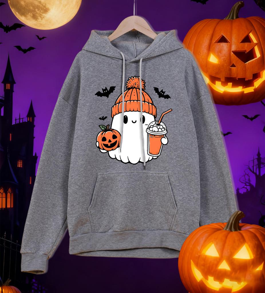 A Cute Ghost Holding A Drink Pattern Mens Hoodies Casual Autumn Pocket Streetwear Loose Hip Hop Pullovers Fleece Man Hoody