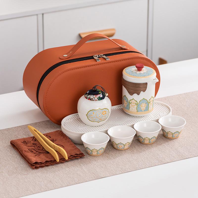Guochao travel tea set outdoor portable high-end business one pot four cups tea tray set gift commemorative gift