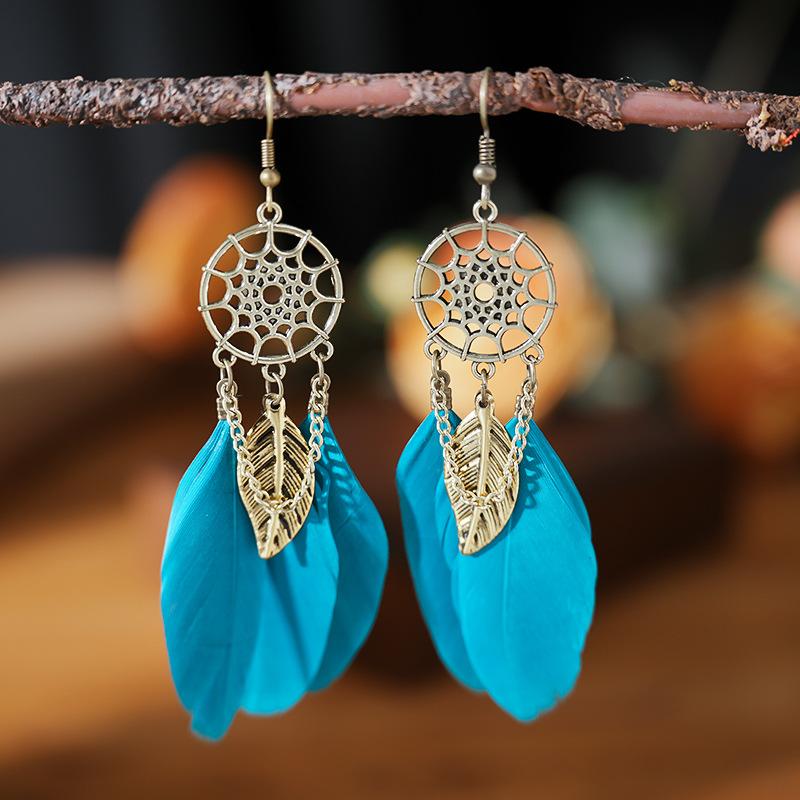 Modische Böhmische Bunte Federohrringe für Damen Ethnischer Stil Lange Geometrische Ohrringe Damen Schmuck Accessoires Geschenk