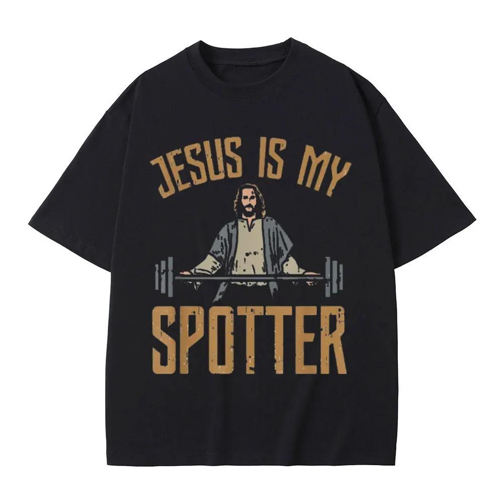 Vtipné Ježíš je můj spotter Kristus Gym Tričko Pánské Harajuku Vintage Trička Bavlna O-výstřih Oversized Trička Streetwear