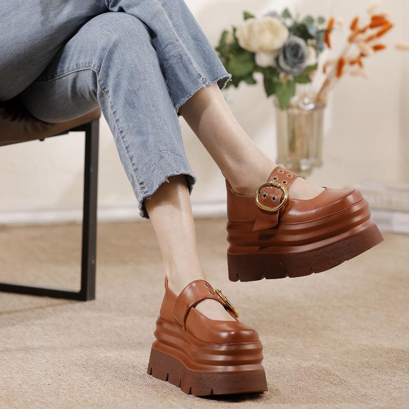 Johnature Vintage Thick Soled Shoes Round Toe Genuine Leather Versatile Four Seasons Women's Shoes