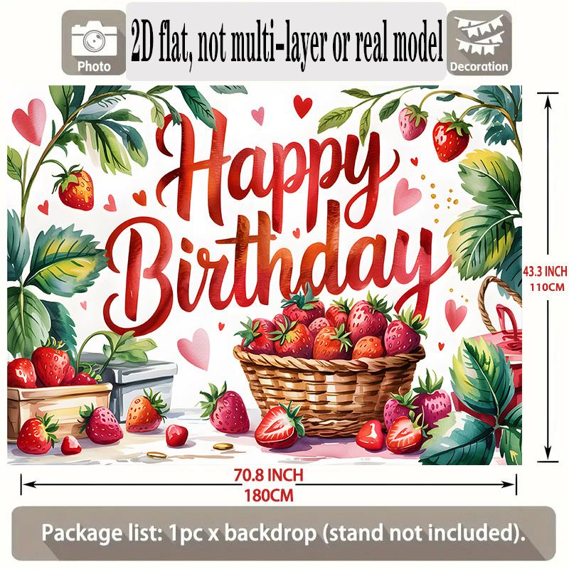 Happy Birthday Strawberry Theme, 1pc Polyester Party Backdrop Banner, Photo Booth Background, Wall Decor