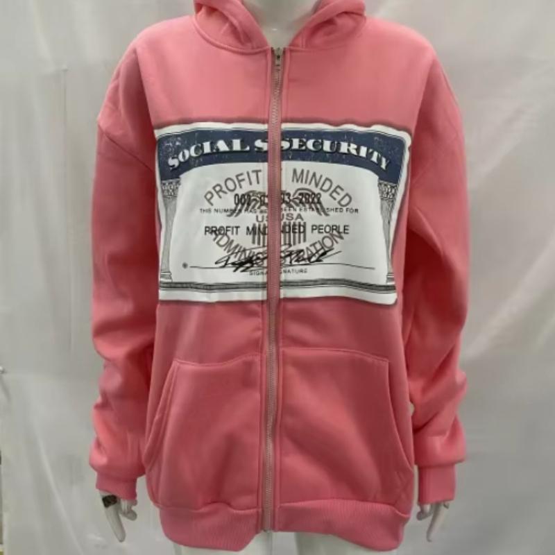 Evropský a americký podzimní a zimní retro trend módní ležérní volná tištěná mikina s kapucí na zip