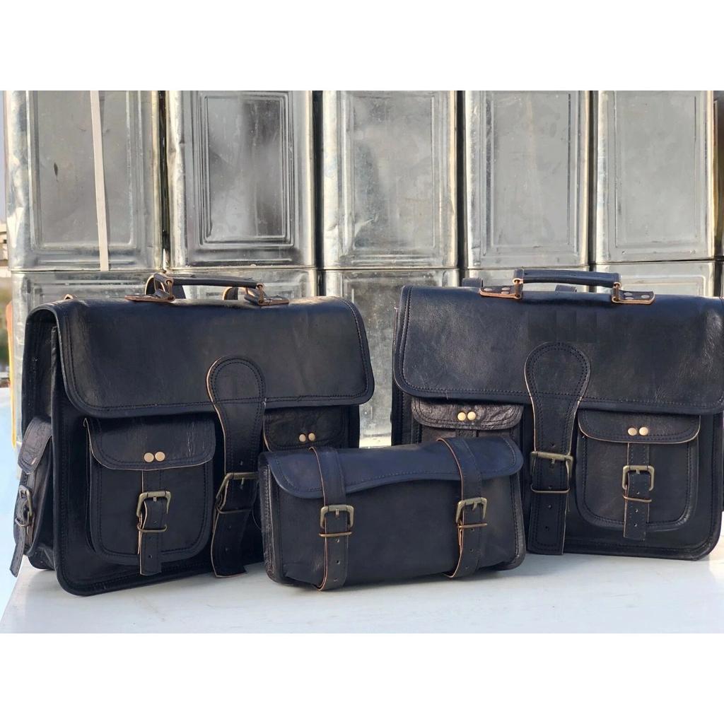 Leather Motorcycle 3 Saddle Bags Three Black Leather Side Pouch Panniers