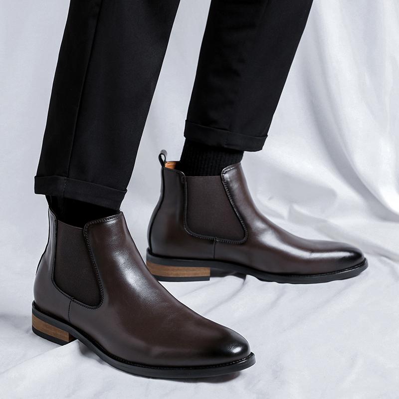 Chelsea Boots Men Shoes PU Brown Versatile Business Casual British Style Street Party Wear Classic Ankle Boots Zapatillas Male