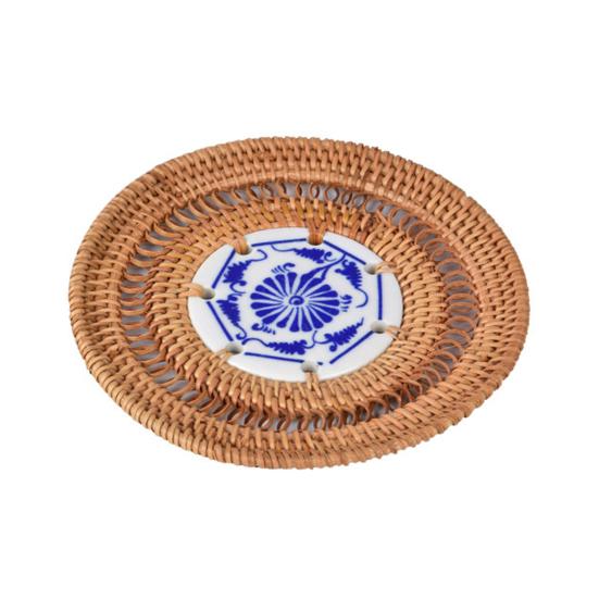 Handmade Rattan Coasters Heat Insulation Pads Kitchen Table Mats with Ceramic Inlay Decorative Placemats for Dining Room Bar