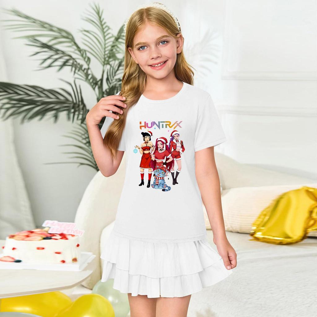 Girls' Round Neck Short Sleeves Christmas Witch  Group Print Casual Short Sleeves