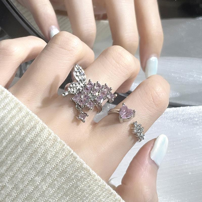 Pink Zircon Love Open Ring Fashion Light Luxury High-End Index Finger Ring Niche Design Personalized Accessories