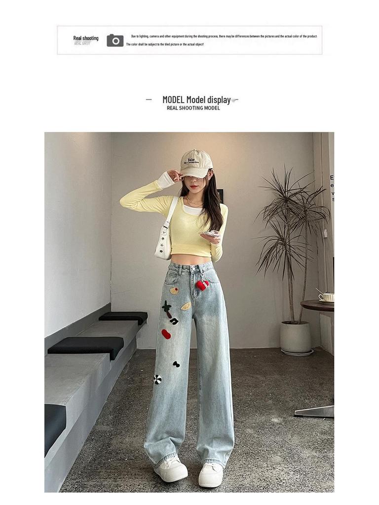 Spring 2025 Women's Embroidered High-Waist Wide-Leg Jeans - Light Color, Slimming Design
