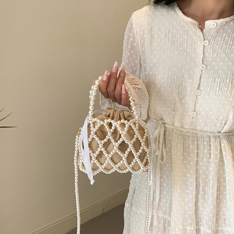 Women Pearl Bag Small Mini Tote Bucket Bag Woven Crossbody Dinner Bags Coin Purse Wallet Handbag Ladies Shoulder Bags