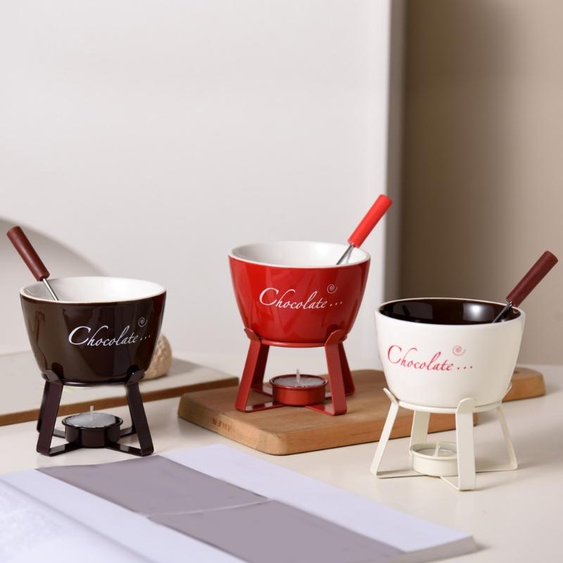 Fondue Pots Set Tealight Porcelain Melting Pots for Cheese Chocolate Butter Caramel Ceramic Butter Warmers Set with Fork