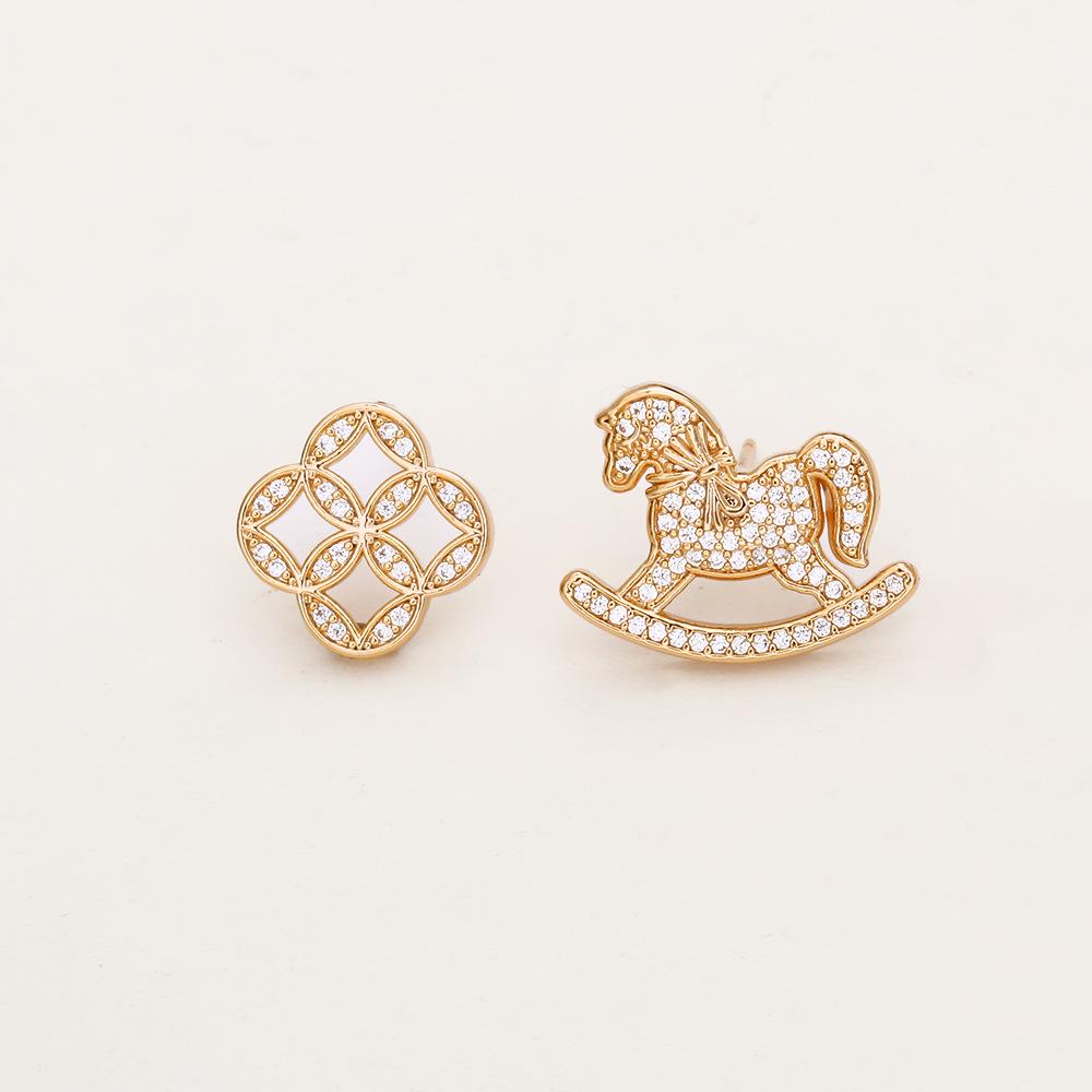Asymmetrical Zodiac Horse Stud Earrings - High-End Fashion, Micro-Paved Diamond, Exquisite New Chinese Style Jewelry