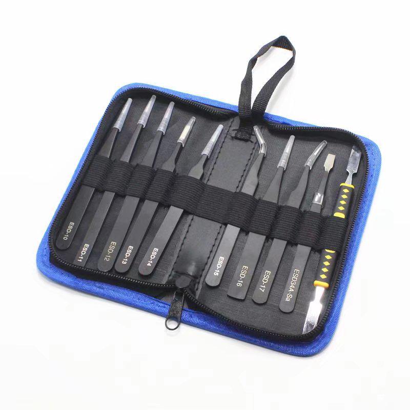 Anti-static Black Stainless Steel Tweezers Set: Pointed & Bent Tips for Eyelash Extension & Machine Disassembly