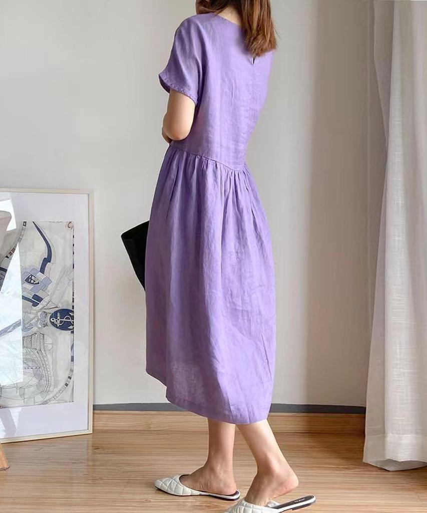 Solid Body L Summer Summer Not Everyday Private Room Short Relaxed Purple [Luxe Relax] Loose, Linen-like Dress, Color, Simple, Covering, Mid-length