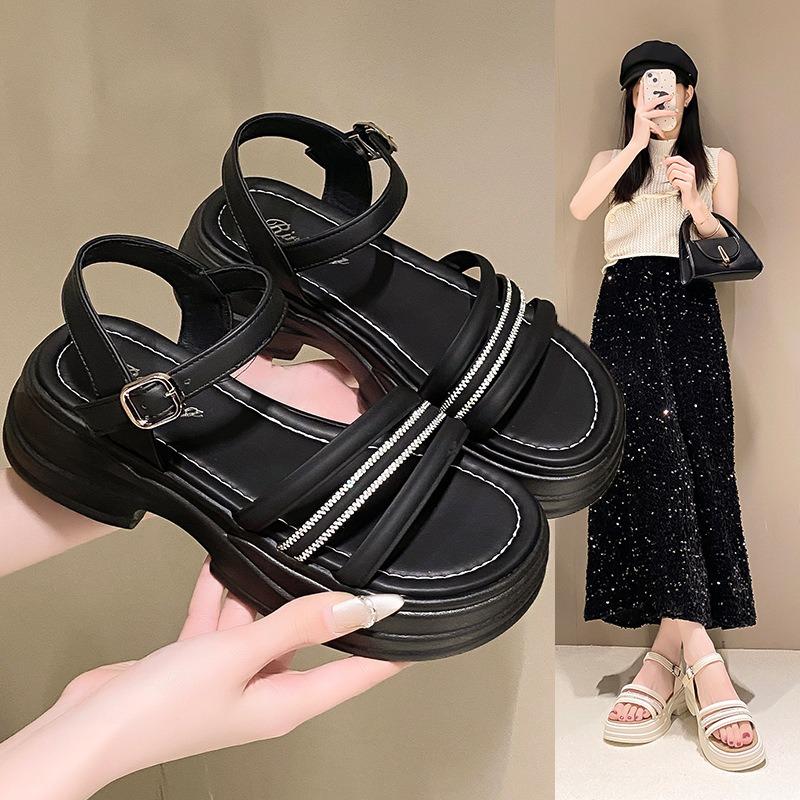 New summer platform sandals women with skirt rhinestone one-word buckle beach shoes women