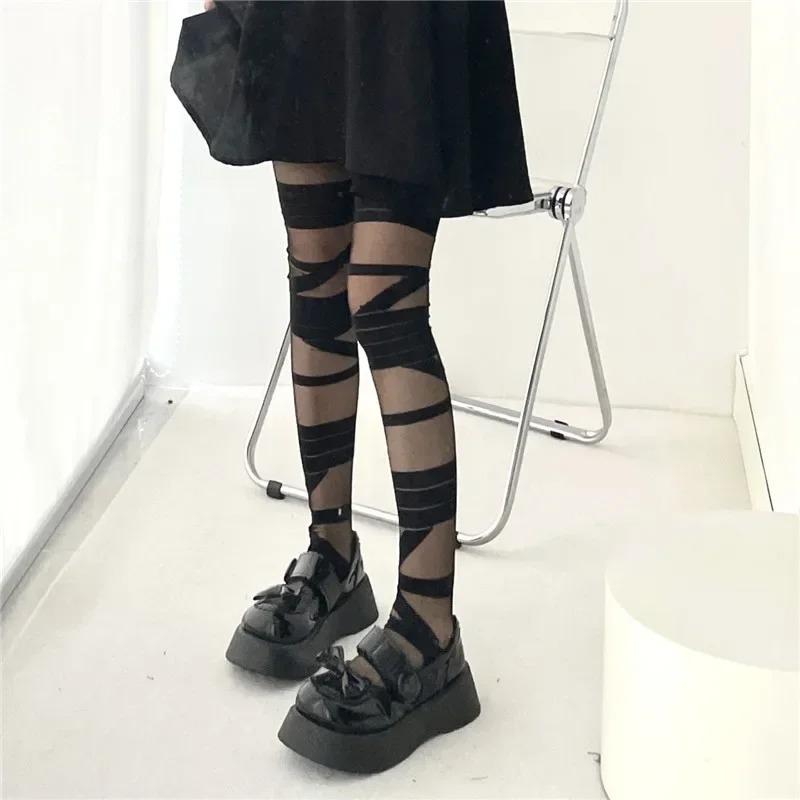 Ultrathin Women Spicy Girl Bandage Stripe Long Stockings Female Japanese Lolita Sexy Summer Cross Tube White Stockings