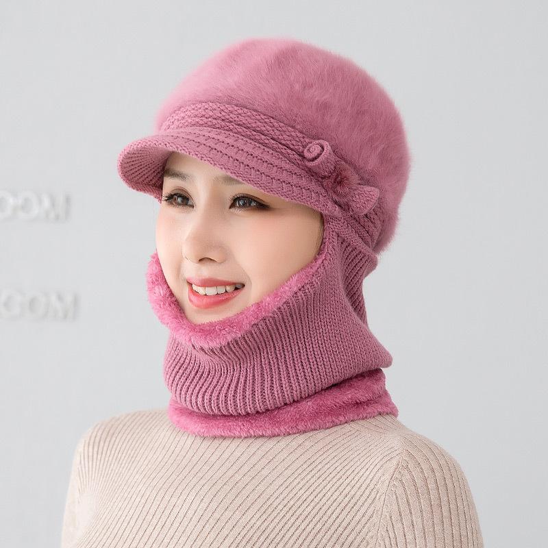 Middle aged mother rabbit fur scarf one-piece hat female winter cycling plush wool old man hat scarf warm