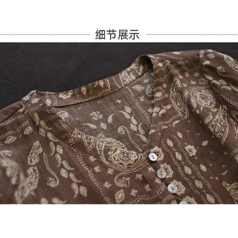 Women's Vintage Floral Print V Neck Half Sleeve Loose Cotton Linen Blouse