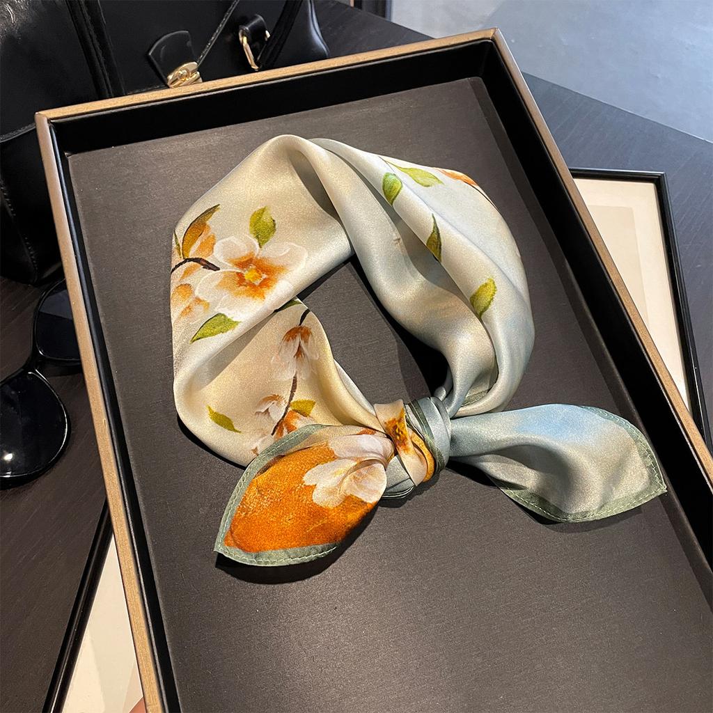 Luxury 100% Real Silk Scarf Women Floral Print Bandana Shawl Lady Neckerchief Handkerchief Female Neck Bag Decorative Wrap 53cm