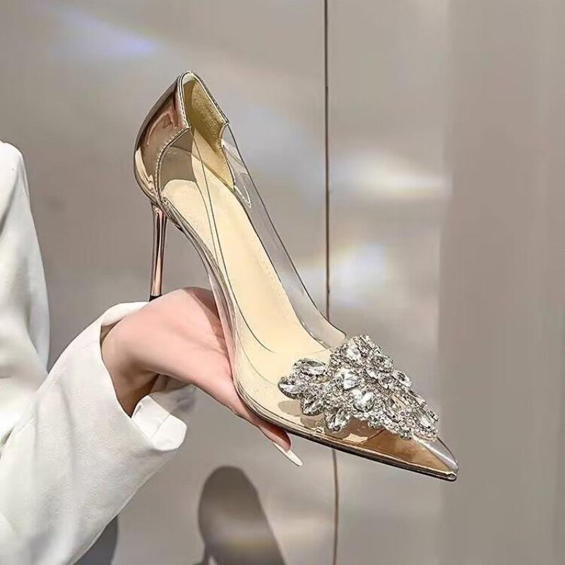 Spring New Thin Heel Shoes Women's Pointed Head Shallow Mouth Crystal Buckle Splicing Anti-slip Wear-resistant High Heels