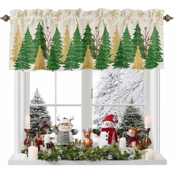 Christmas Valance for Windows Snowman Short Kitchen Curtains for Living Room Over Sink Deer Squirrel Merry Christmas Tree Topper Window Treatment