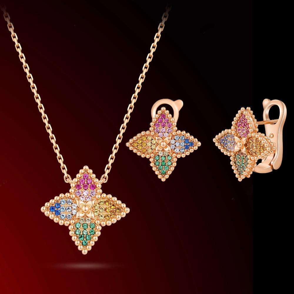 

Women Jewelry Set Fashion Luxury Colorful Dopamine Monogram Necklace Elegant Multi Colored Clover Earrings Studs Set