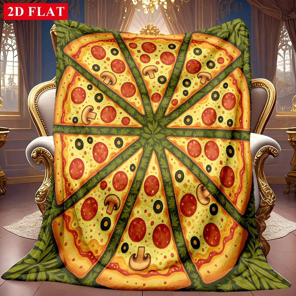 1pc 2D Pizza Slice Theme Pattern Flannel Blanket, Soft HD Digital Print, Cooling Blanket All-Season Use! Soft And Breathable 100% Polyester Fiber, Ide