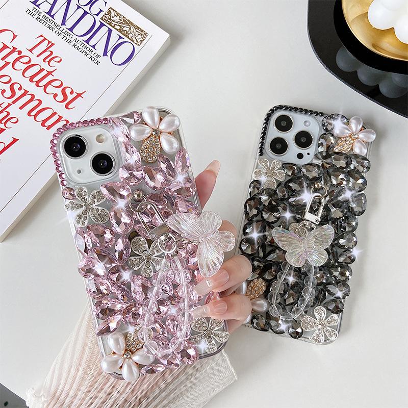 For Apple 17 Pro Japanese and Korean Ins Phone Case for IPhone 15/14/XR Pearl Lanyard Luxury Rhinestone Case