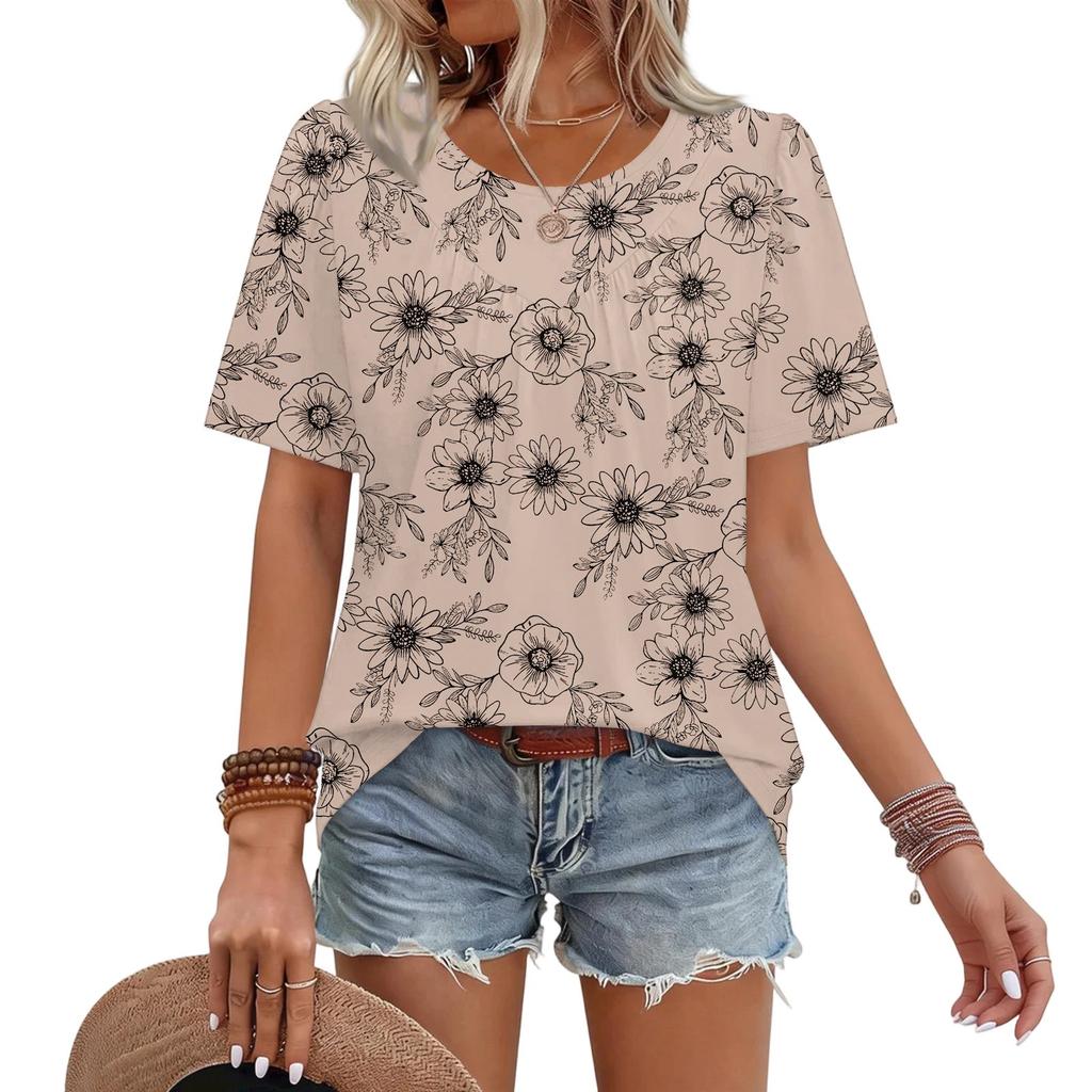 Women's Casual Fashion Round Neck Floral Printed Pleated Short Sleeve T,shirt Top