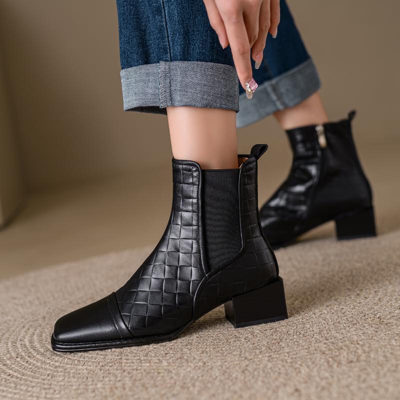Autumn Women Boots Square Toe Back Zipper Women Shoes Chunky Heels Shoes For Women High Heel Boots Vintage Leather Shoes