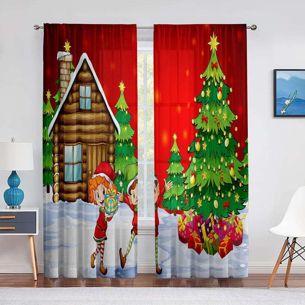 Christmas Scenery Santa Delivering Presents Sheer Voile Curtain Elk Window Tulle Curtains for Living Room Kitchen Bedroom Decor