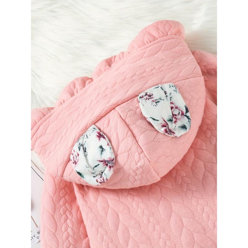 Adorable Floral Hooded Baby Girl Romper with Bunny Ears - Long Sleeve, Single-Breasted, Polyester Blend,Machine Washable - Perfect for Spring & Autumn