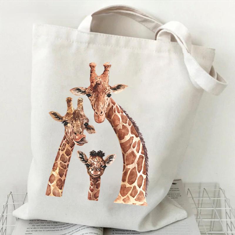 Shopping Bag Giraffe Fashion Cartoon Canvas Portable Tote Bag Women Men Street Aesthetics Style Giraffe Reusable Student Handbag