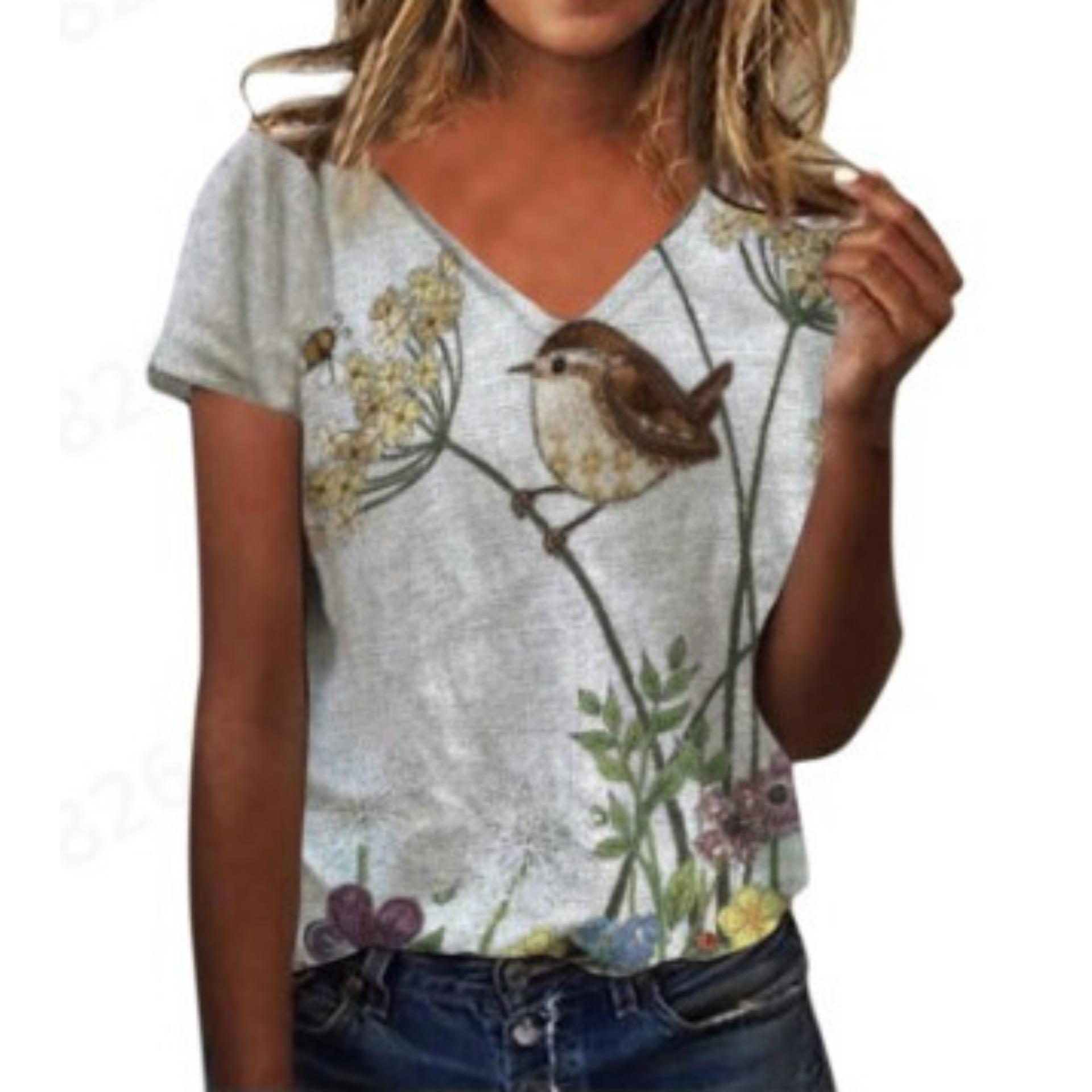 

Летний топ с V-образным вырезом и 3D-принтом в виде животных, модные повседневные женские футболки с короткими рукавами XS