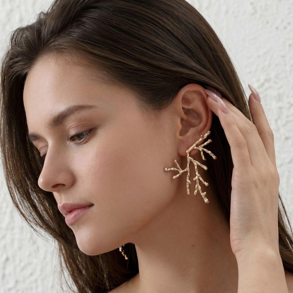 Metal Coral Branch Earrings Hollow Irregular Earrings Fashionable Red Coral Earrings  Party