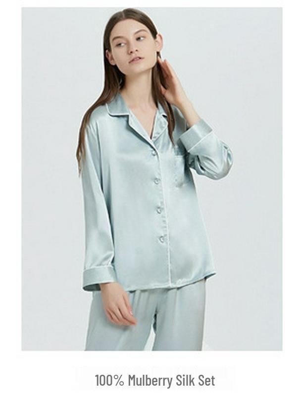 Men's 100% Mulberry Silk Long Sleeve & Pants Pajama Set - Summer, Couples' Home Wear, Ready Stock