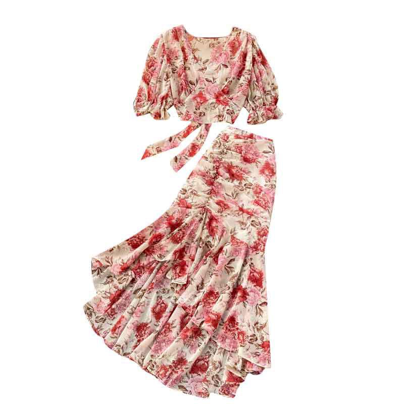 Vacation Two-Piece Set: Women's Tie-Up Chiffon Blouse & Mermaid Skirt