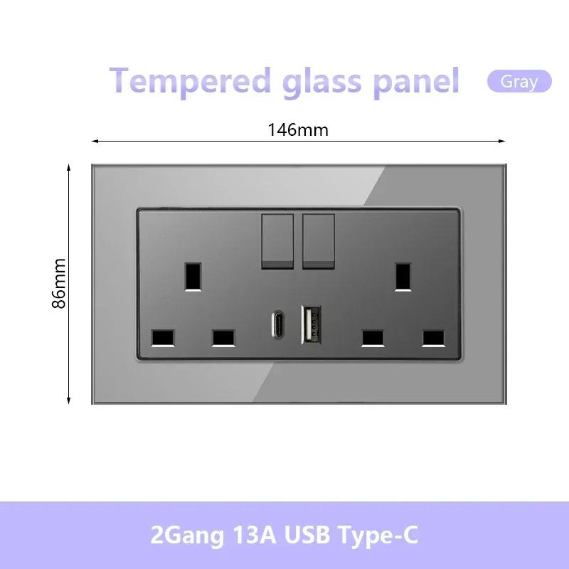 UK 13A 220V Dual Outlet with 18W Type-C Quick Charge,1/2 Way Light Switch Panel, Tempered Glass Surface,Wall Socket for TV/Phone