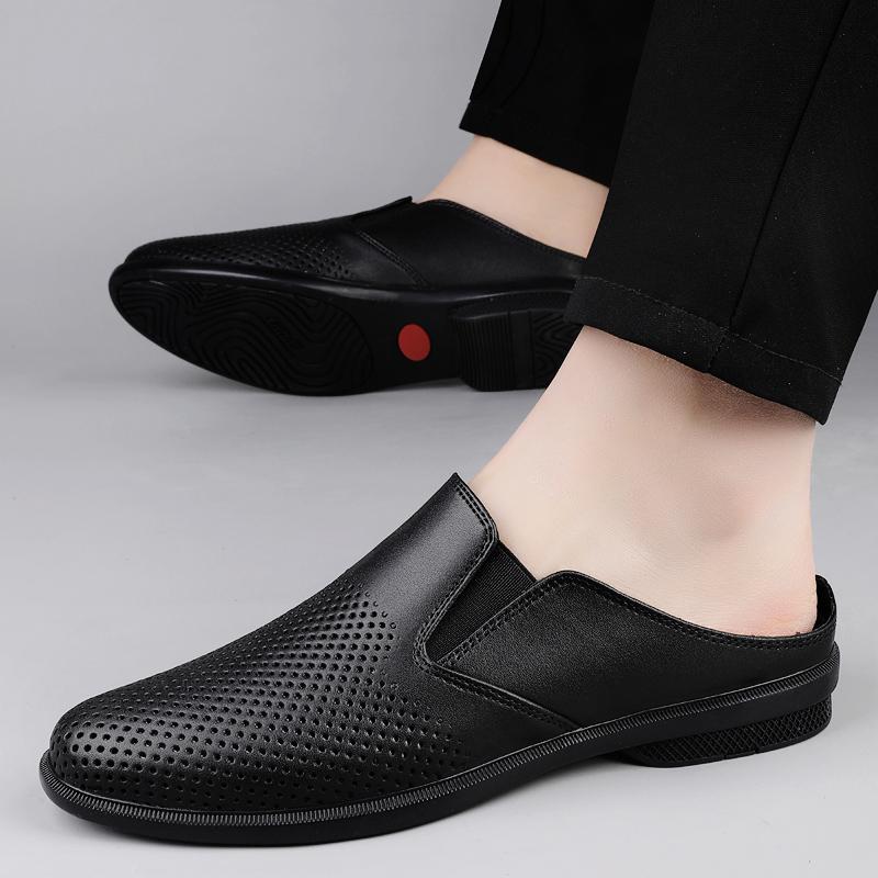 Mules Men Half Shoes For Man Slippers Leather Mens Semi-Drag Casual Shoes Backless Loafers Male Slides Flats Closed Toe Sandals