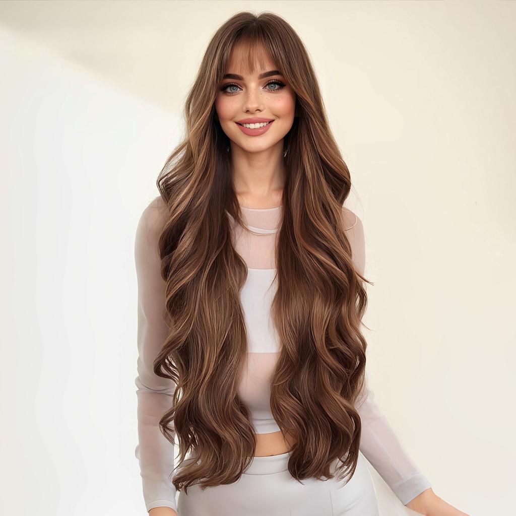 New Women'S Bangs Dark Brown Big Wave Fashion Long Curly Hair Wig Full Hair Wigs
