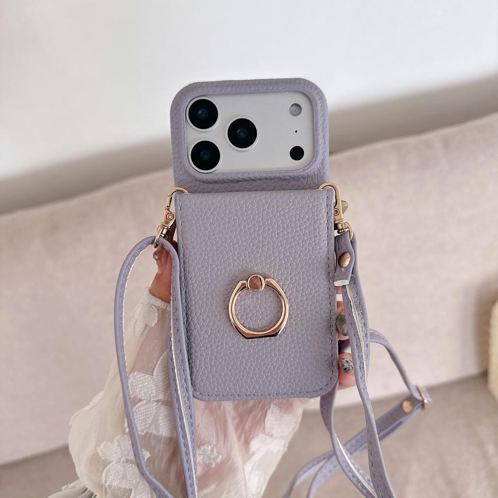 Crossbody Card Solt Ring Holder Flip Mirror Magnetic Wallet Leather Case For iPhone 17 Pro Max 16 Plus 15 14 13 12 Lanyard Cover