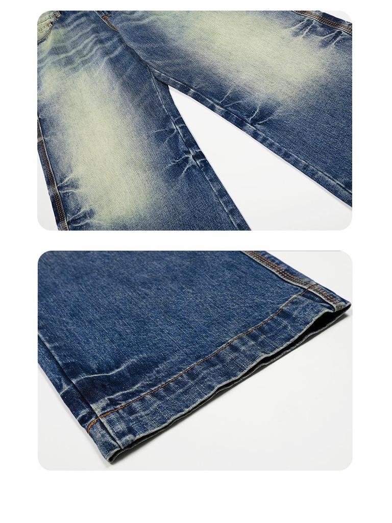 Yongfang American Retro Deep Blue Jeans: Unisex Casual Loose Fit, Cat Whiskers Design, Wide Leg, Straight Long Pants.