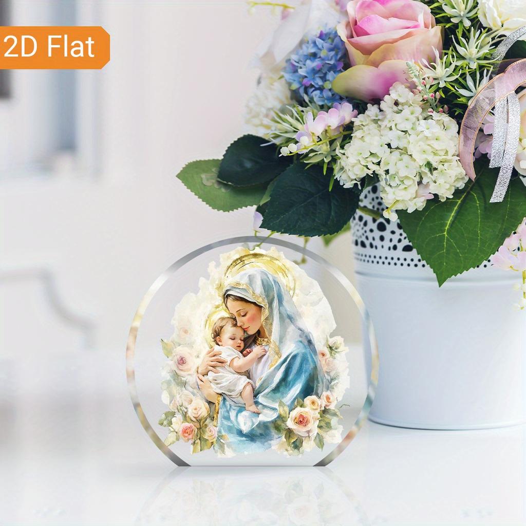 1pc Virgin Mary and Young Jesus Acrylic Decorative Sign - Serene Religious Art with Garland, Perfect for Home, Office Desk, Holiday Gift, Housewarming